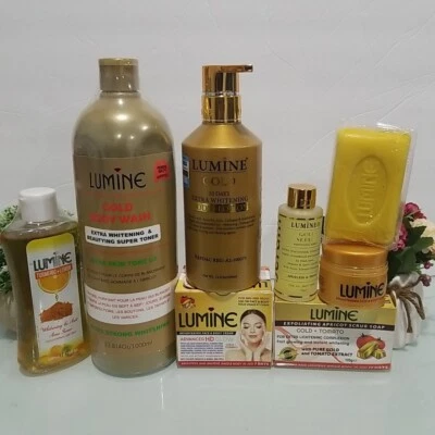 6pcs LUMINE Gold Body Wash + Lotion 400ml + Serum + Soap + Toner + Face Cream  - Image 1 of 4