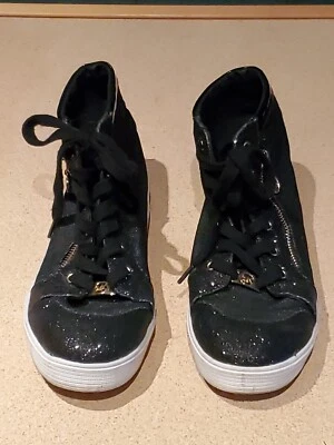 Michael Kors Womens Shoes Sz 5 Magala Black High Tops Sneakers LOGO Gold Accents - Image 1 of 4