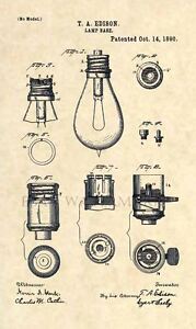 Lampe officielle Thomas Edison impression d'art brevet américain - vintage originale antique 187