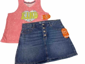 Girls Outfit Size Large 10-12 Plus Skirt Set Tank Jean Skirt Pink Colorful New - Picture 1 of 9