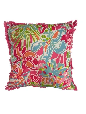 Lilly Pulitzer Pink Fringe Spot Ya Vibrant Floral Indoor Outdoor Pillow 17.5" - Image 1 of 4