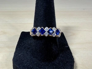 Art Deco Style Vintage 14k Yellow Gold Blue Sapphire Cubic Zirconia Ring Size 7 - Picture 1 of 24