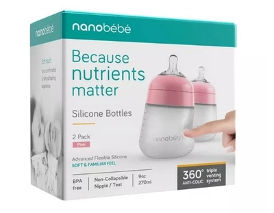 nanobebe Baby Bottle Anti-Colic Nipple Soft Silicone Stable Base - 9 oz/2pk New - Image 1 of 4