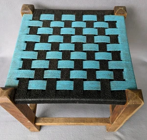 Vintage wood stool woven string top - Picture 1 of 9