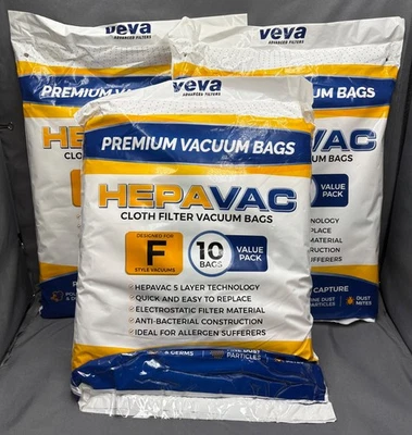 30 Pack Veva Premium HepaVac Style F HEPA Cloth Filter Vacuum Bags 10 Pack X3 - Image 1 of 4