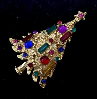 Broche Árbol de Navidad Vintage Piedras Línea Tono Dorado Usado Foto 1 de 4