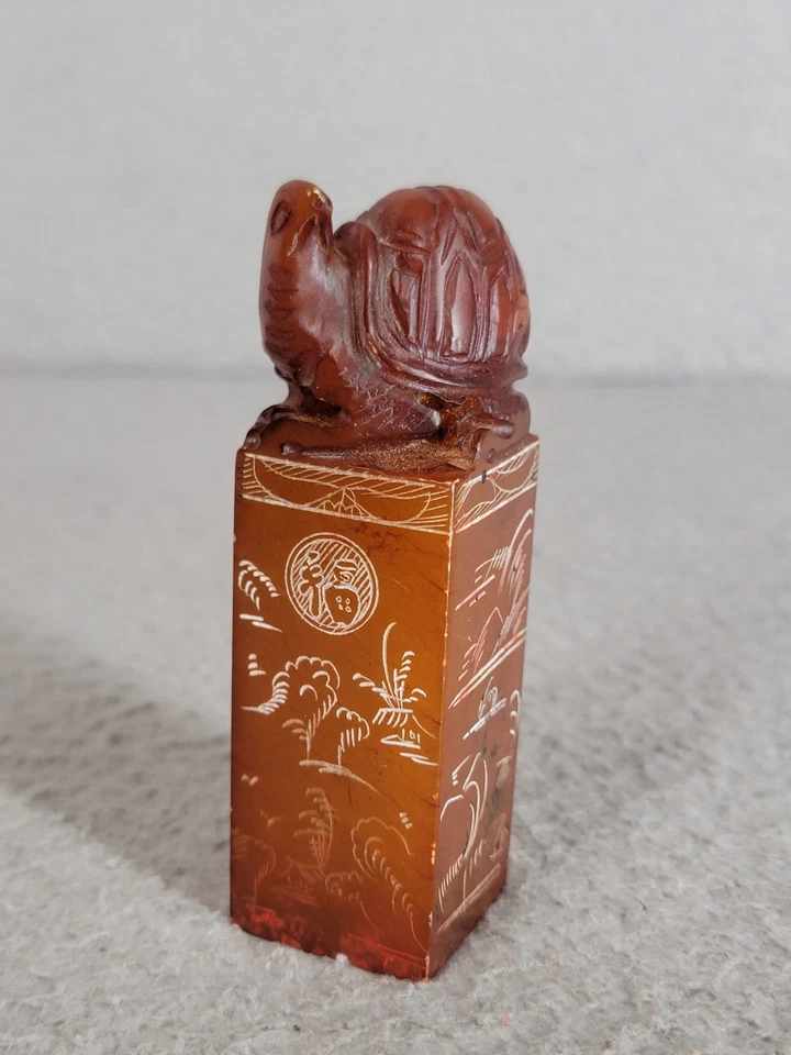 Selo de selo chinês de pedra de sabão esculpido à mão com tartaruga  - Imagem 1 de 4
