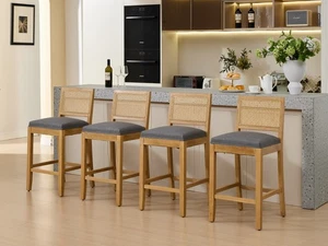 4 Set 27.9" Height Linen Fabric Barstools Solid Wood Rattan-Back Bar Chairs Gray - Picture 1 of 22