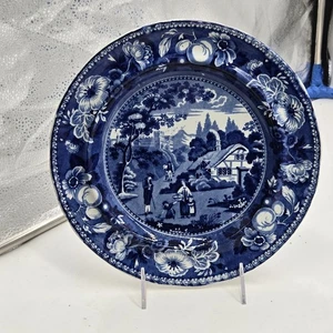 British Views Blue Staffordshire piatto transferware scena villaggio cottage C 1820 - Foto 1 di 6