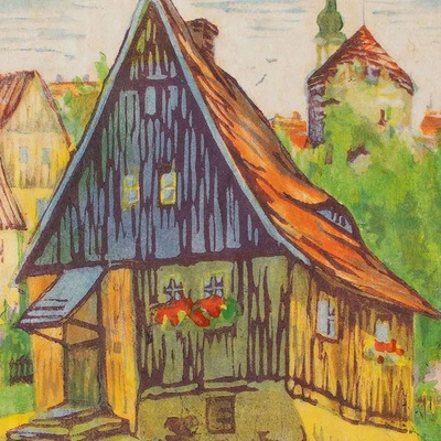 Susanne Hofmann Hagendorn Farbholzschnitt Haus Bautzen um 1920 Passepartout - Bild 1 von 4