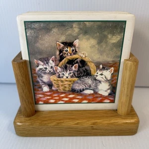 AbsorbaStone Cat Drink Coasters Set Of 4 With Stand Kittens In Basket - Picture 1 of 23