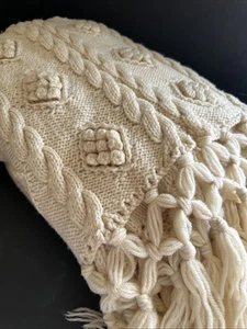 Vtg Handmade Wool Afghan Throw Blanket Cream Cable Knit Bobble Embroidery 57x89 - Picture 1 of 24