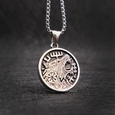 Mens Womens Viking Fenrir Wolf Head Vegvisir Pendant Necklace Chain Set Gift - Image 1 of 4