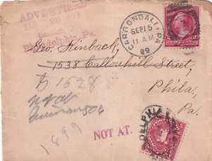 1899 Philadelphia ADVERTISED STATION J Purple on cover "NOT AT" w/Postage Due - Picture 1 of 2