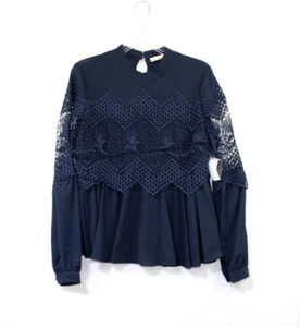 ONETHELAND Bluse Damen Größe Large verziertes Design Langarm marineblau Oberteil - Bild 1 von 12