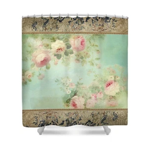 Shabby Pink Roses On Aqua Background Custom Shower Curtain Bathroom Decor - Picture 1 of 1