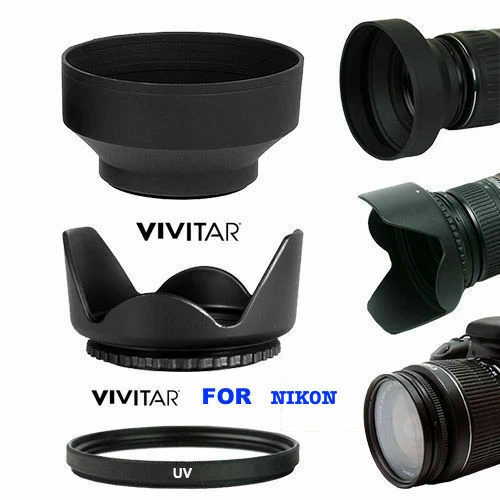 55MM HARD TULIP HOOD RUBBER SOFT HOOD +HD UV FILTER FOR NIKON D3400 - Image 1 of 4