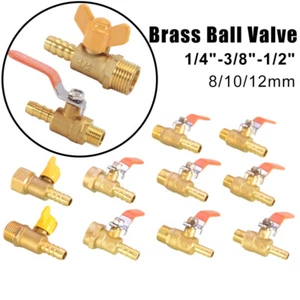 Brass Ball Valve 1/4"3/8"1/2" BSP Male/Female 8mm/10mm/12mm Barb Hose Connector - Picture 1 of 16