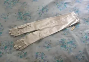 BNWT DENTS Long Silver Stretch Satin Over the Elbow Opera Evening Gloves OS - Picture 1 of 3
