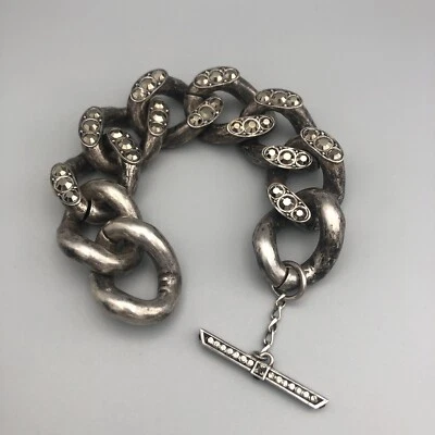 Pulsera De Colección Lanvin Francia Eslabón Ancho Pistola Metal Plata Marcasita Palanca Art Deco Foto 1 de 4