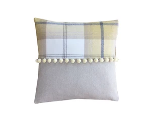 Balmoral Bespoke Pompom trim Ochre Grey Tartan tweed Decorative cushion cover - Picture 1 of 2