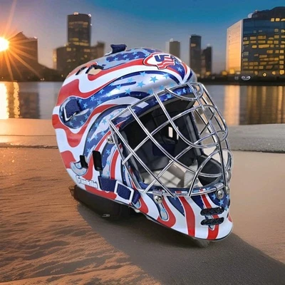 Máscara de goleiro vintage tamanho completo de hóquei EUA 🇺🇲 Team USA Lake Placid 🇺🇲 - Imagem 1 de 4