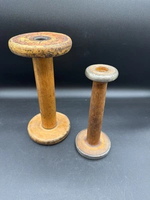 Two (2) Old Antique Handmade Wooden Spools Patina Textile - Image 1 of 4