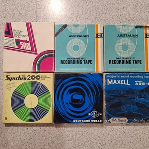 6x Vintage  Reel To Reel Used Magnetic Recording Tape, boxes don't match tape 5" - Picture 1 of 6