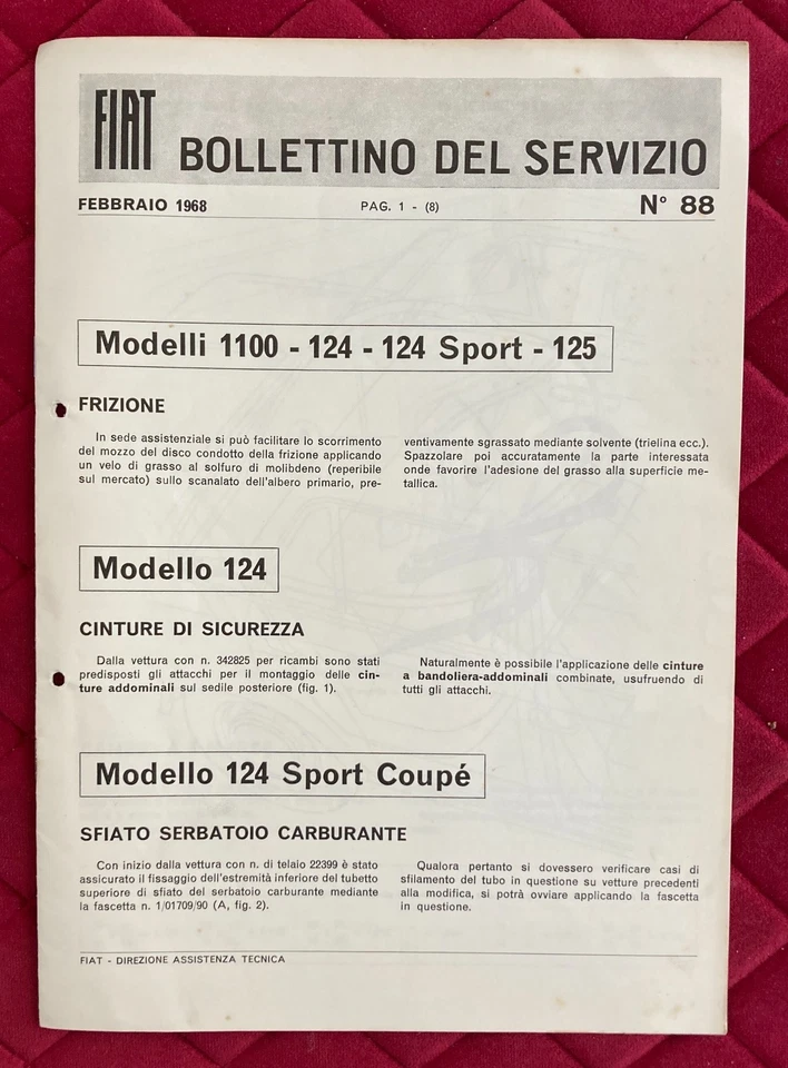 Fiat BOLLETTINO DEL SERVIZIO modello 1100, 124, 125 n. 88 1968 - Immagine 1 di 1