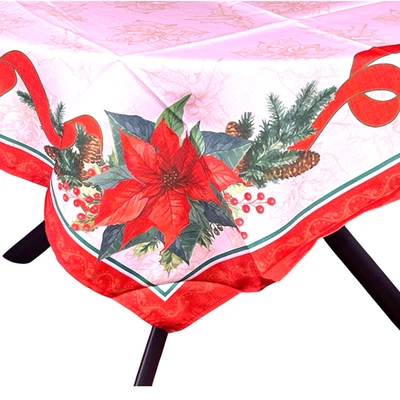 Home Fashions Red & White Poinsettia Christmas Holiday Fabric Tablecloth 60"X84” - Image 1 of 4