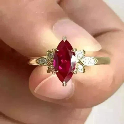 Lab-Created Red Ruby 3.20Ct Marquise Cut Engagement Ring 14K Yellow Gold Plated - Image 1 of 4
