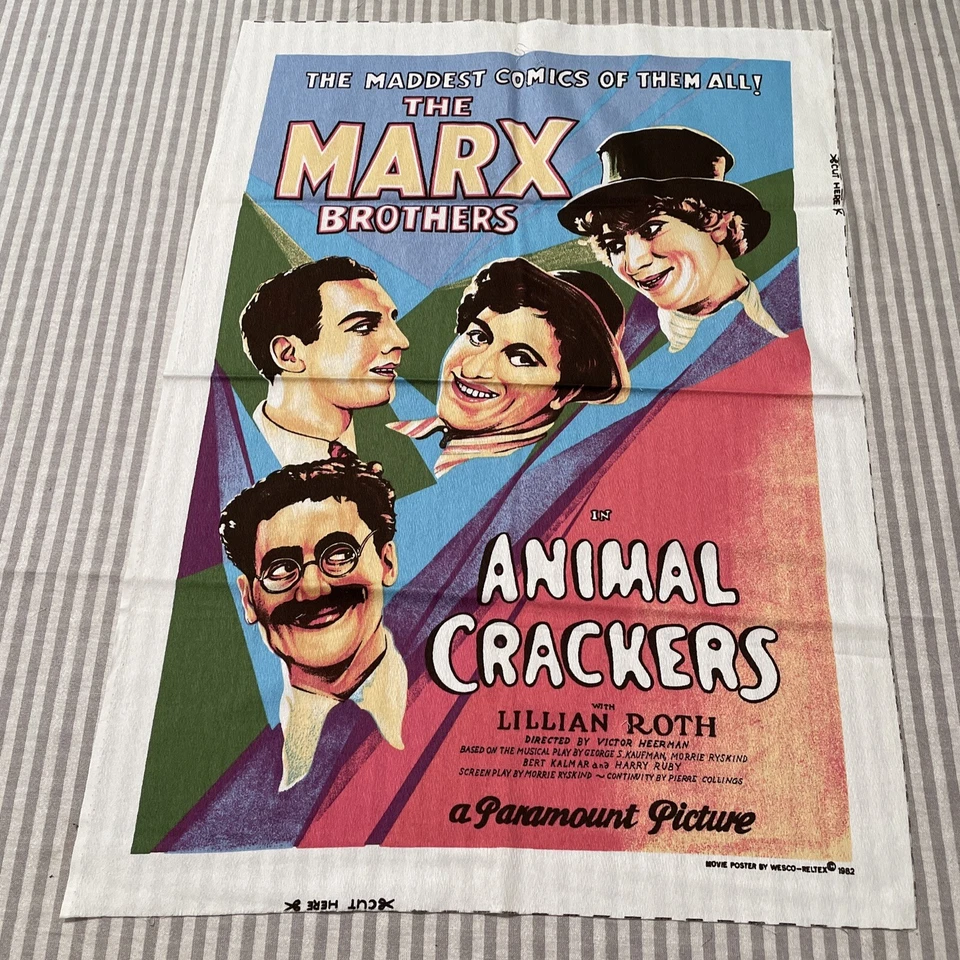 Marx Brothers Animal Crackers Wesco-Reltex MOVIE POSTER 1982 Fabric 22x29” - Image 1 of 3