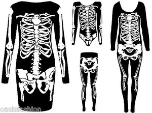 Damen Halloween Skelett Knochen Kleid Body Overall Leggings Übergröße 8-26 - Picture 1 of 5