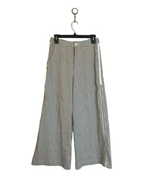 Calça de linho Nanette Lepore tamanho 4 cinza listrada branca perna larga listra de crochê - Imagem 1 de 4