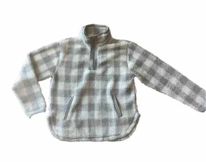 Cuddly Sherpa Girls Sweatshirt Youth Size 10 12 Simple Buffalo Plaid White Gray - Picture 1 of 8