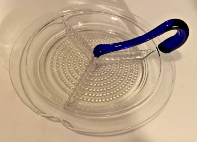 Vintage Hobnail Divided Glass Serving Dish with Blue Glass Handle BEAUTIFUL! - Image 1 of 2