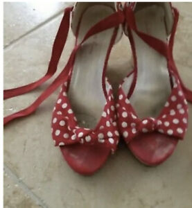 red/white polka dot wedge shoes ribbon ties charlotte russe Women’s size 8
