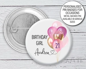 Happy Birthday Badge 75mm Personalised PINK Balloon 18th 21st 30th 40th 16 -1207 - Picture 1 of 4