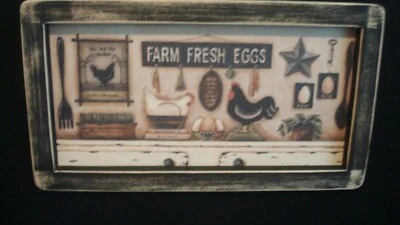Prim Country Print *FARM FRESH EGGS with CHICKENS* black frame 6 1/2" x 11 1/2"  - Image 1 of 2