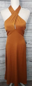 HOUSE OF HARLOW 1960 Satin Halter Maxi Dress Woman Medium Rust Orange NEW - Picture 1 of 8