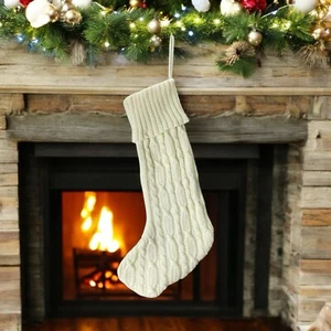 Christmas Stocking Hanging Cable Knit Cream Ivory Neutral Urban Farmhouse - Picture 1 of 8