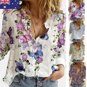 Womens Summer V Neck Tops T Shirt Ladies Long Sleeve Floral Pullover Blouse - Picture 1 of 18