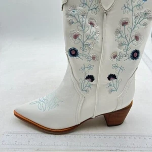 Western Women's Cowboy Cowgirl Boots,Embroidered Round-toe Mid-calf Boots White - Picture 1 of 6