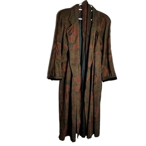 Portrait Duster Women's Size 4 Long Floral Velvet Trim Lined Belted Green Brown - Picture 1 of 10