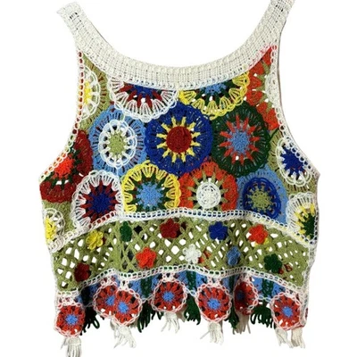 Boho Sunburst Hecho a Mano Crochet Festival Top OS Retro Años 60 Hippie Cochella  Foto 1 de 4