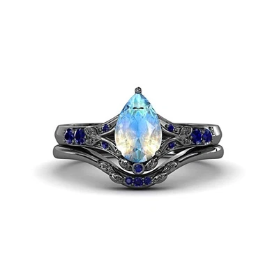 Juego de anillos de rodio negro de plata de ley 925 con piedra lunar talla pera natural para mujer Foto 1 de 4