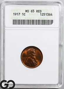 1917 Lincoln Cent Wheat Penny RED, ANACS MS 65 ** Wholesale Bid: 360! - Picture 1 of 3