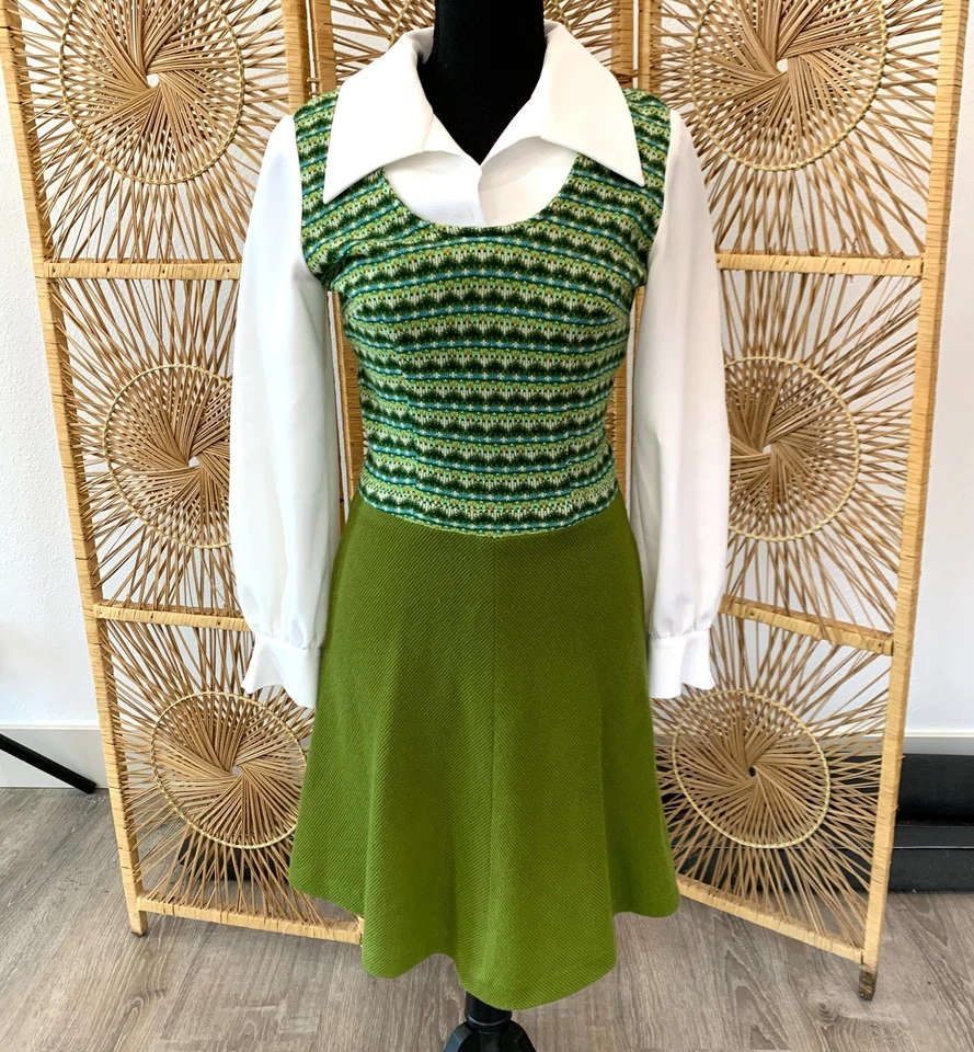 Vintage 60s 70s Handmade Mod Mrs Maisel Twee Collar Knit Sweater Dress Chest 31" - Image 1 of 4