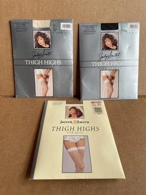 Vintage Jaclyn Smith Kmart Lace Top Thigh Highs Size A Soft Beige/Jet Black/Lace - Image 1 of 4