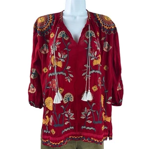 Johnny Was Mayson Tunika Damen Größe XXS rot Blumen bestickt Boho Bauern Top - Bild 1 von 7